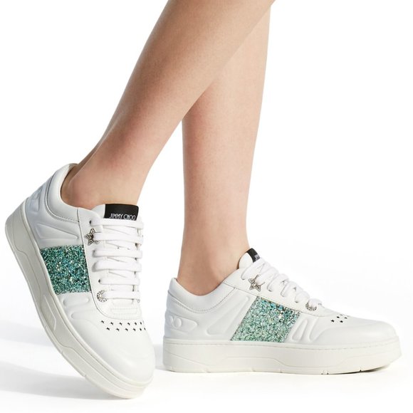 NIB Jimmy Choo Hawaii Leather Glitter Stripe Trainers Sneakers Shoes - Picture 8 of 11